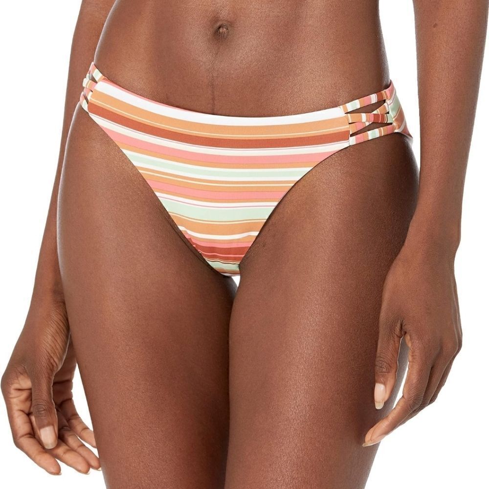 Roxy Pink White Green Rust Brown Striped Bikini Hipster Swim Bottom - Size XL